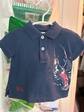 Ralph Lauren Navy Polo with Red Lobster Graphic - Kids